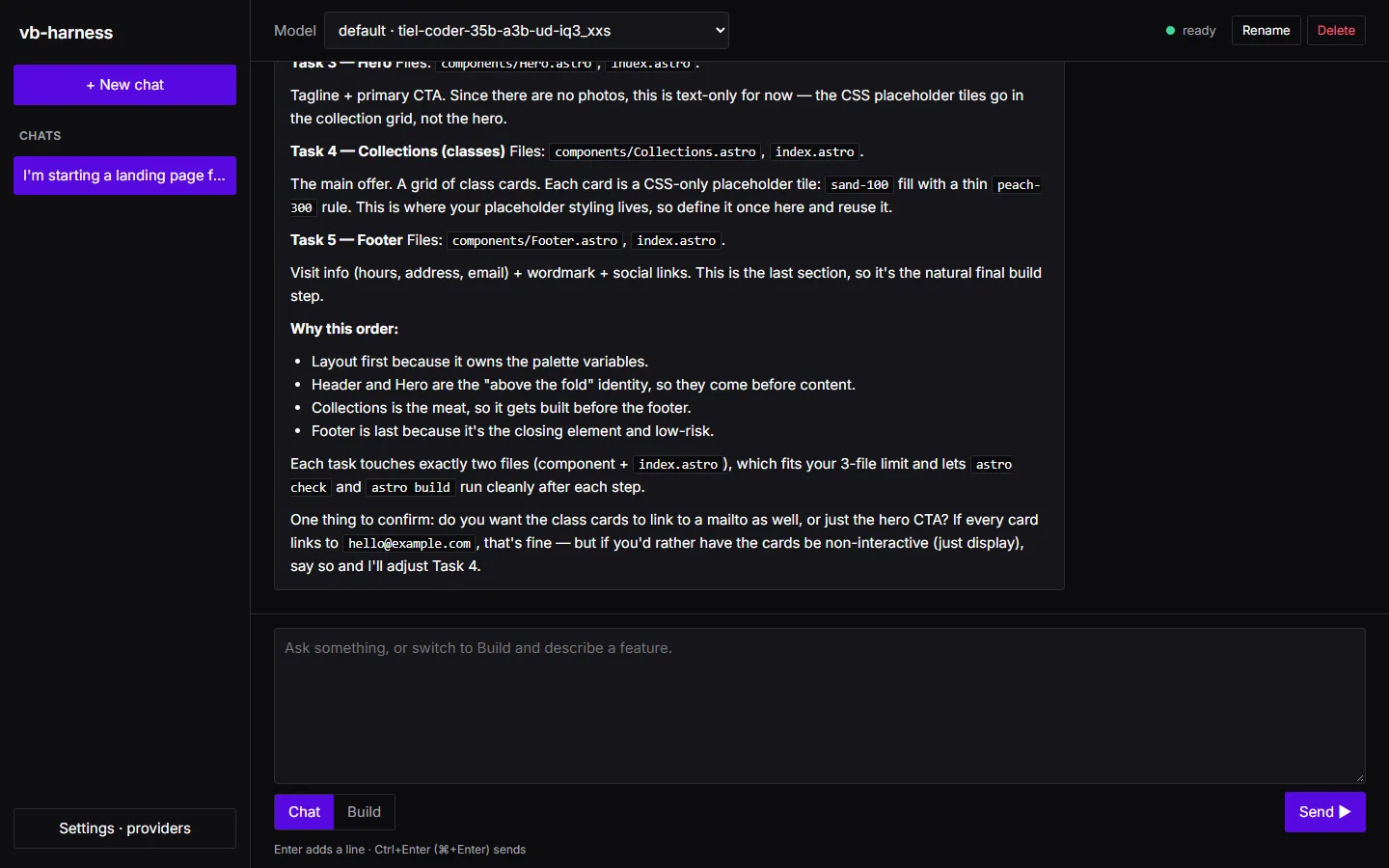 The model’s task order: every task also edits index.astro, and the layout imports Header and Footer
