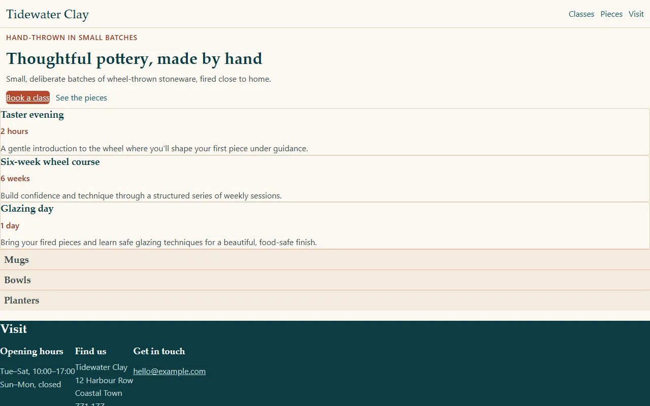 Run 3’s page: the right colours, fonts and text, but no container, cramped spacing and stacked cards