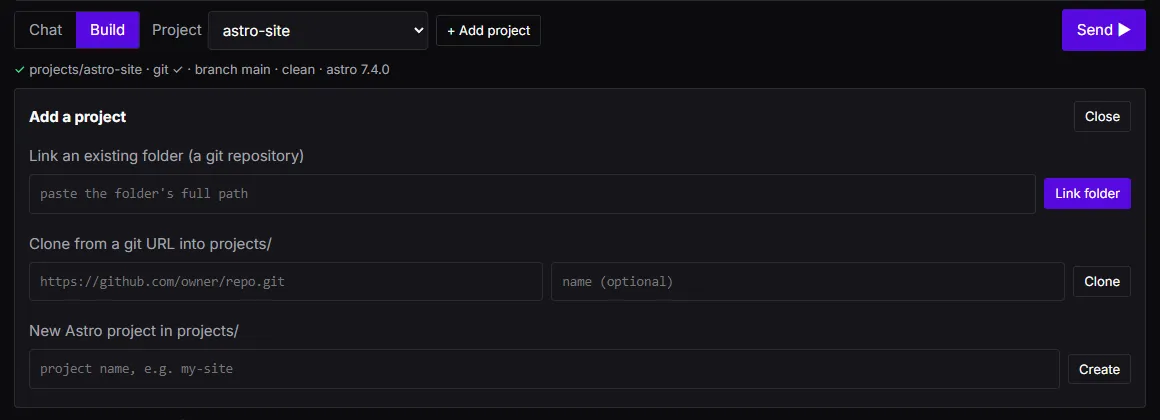 The Add a project panel: link an existing folder by its full path, clone from a git URL into projects/, or create a new Astro project in projects/; above it, the selected project’s status line