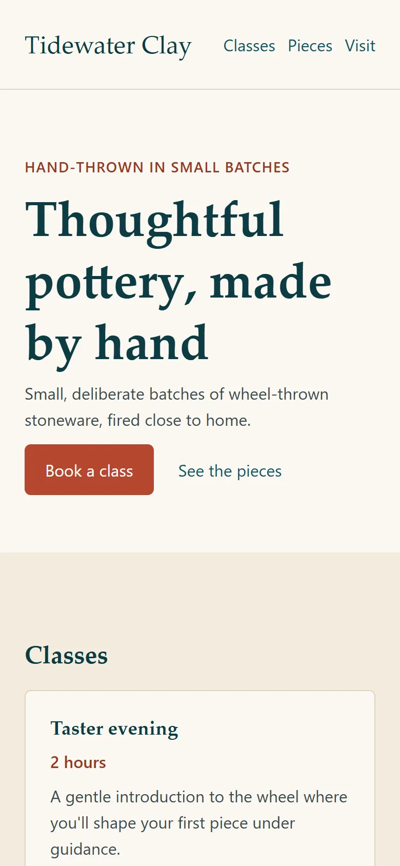 The finished page on a phone: the header, hero and cards reflow to one column